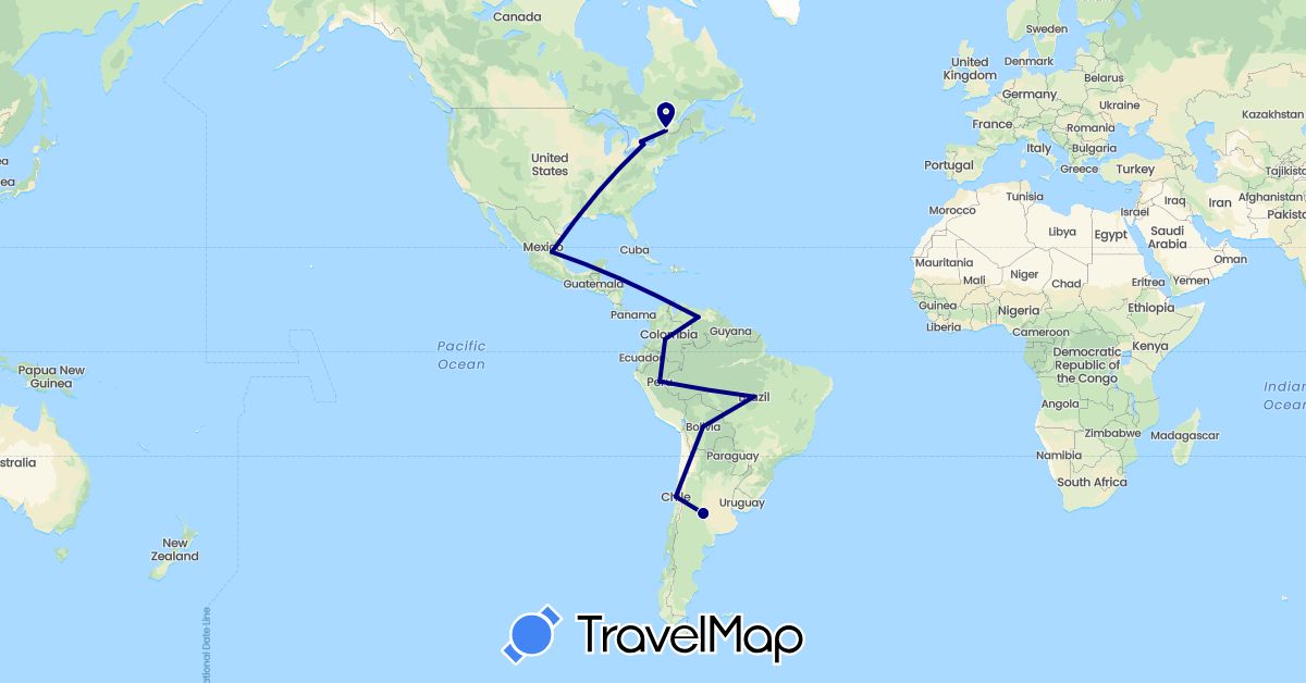 TravelMap itinerary: driving in Argentina, Bolivia, Brazil, Canada, Chile, Colombia, Mexico, Peru, United States, Venezuela (North America, South America)